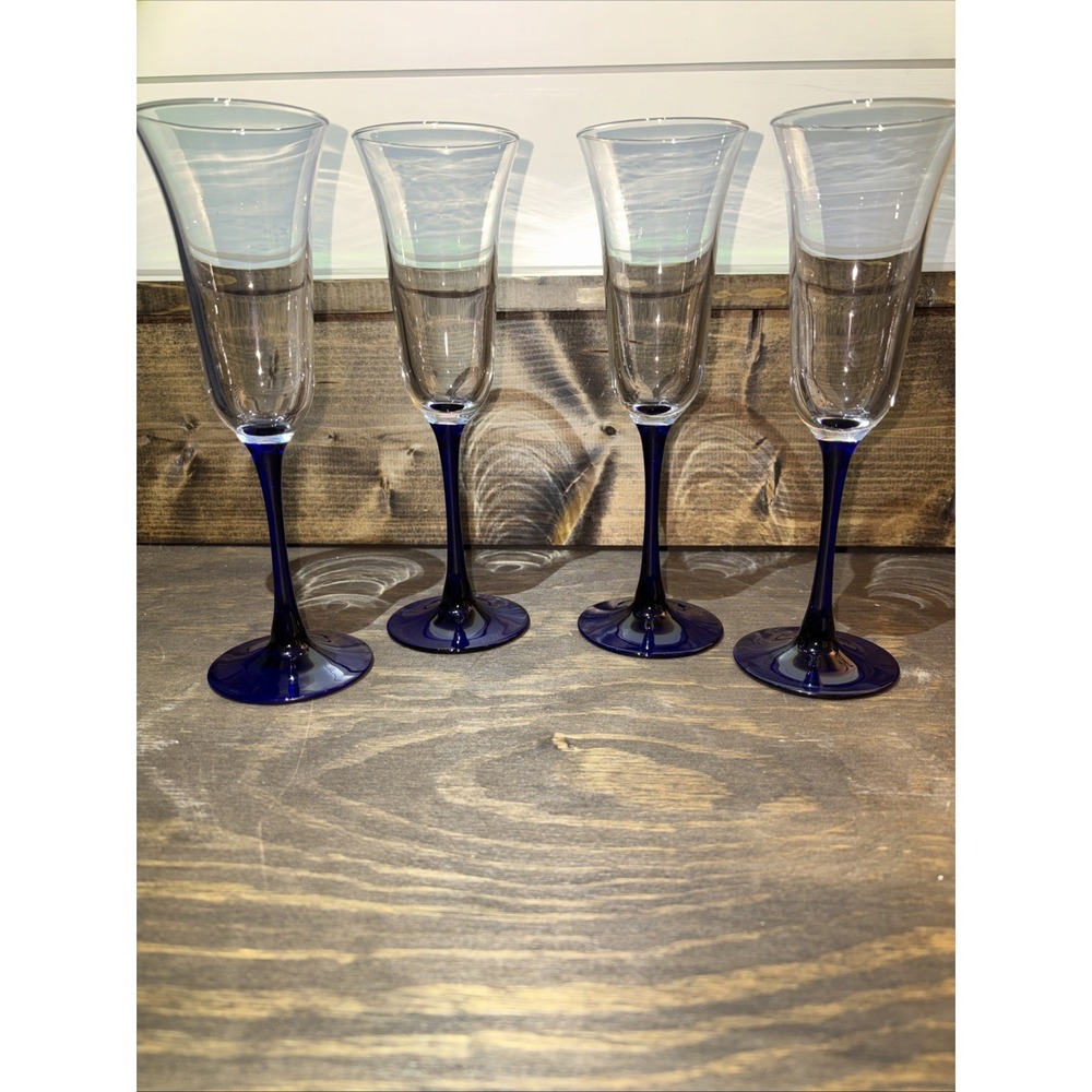 Cobalt Blue Stem Luminarc Fluted Champagne Glasses,5 oz, Set of 4, 8.5" Tall